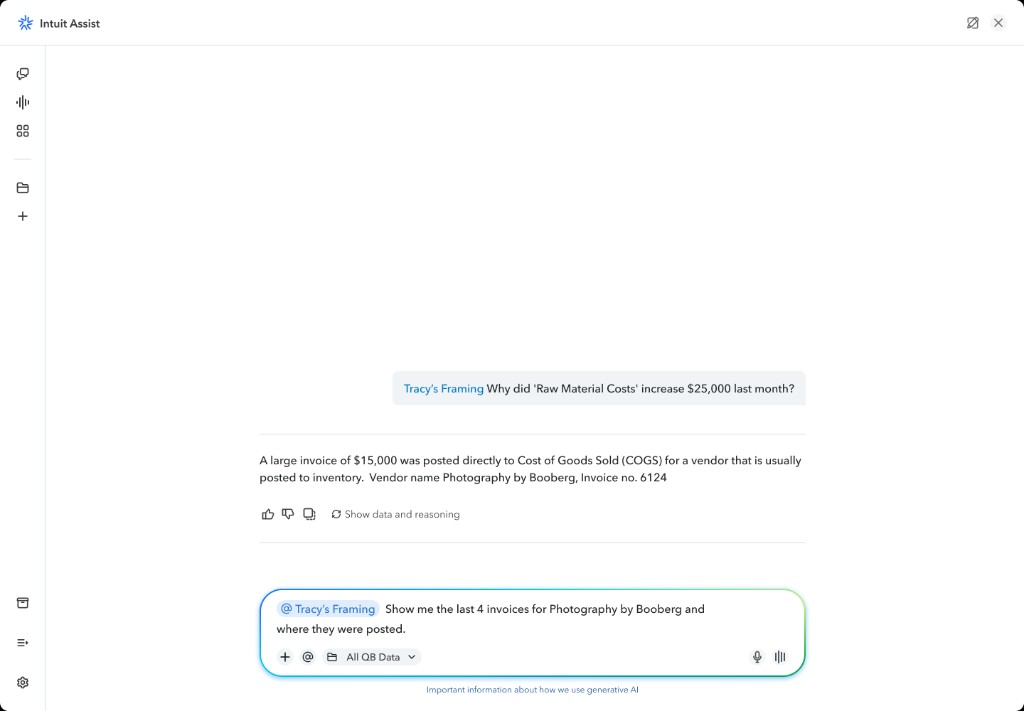 Intuit Assist answering a scoped @ mention query about Tracy's Framing with data-backed reasoning