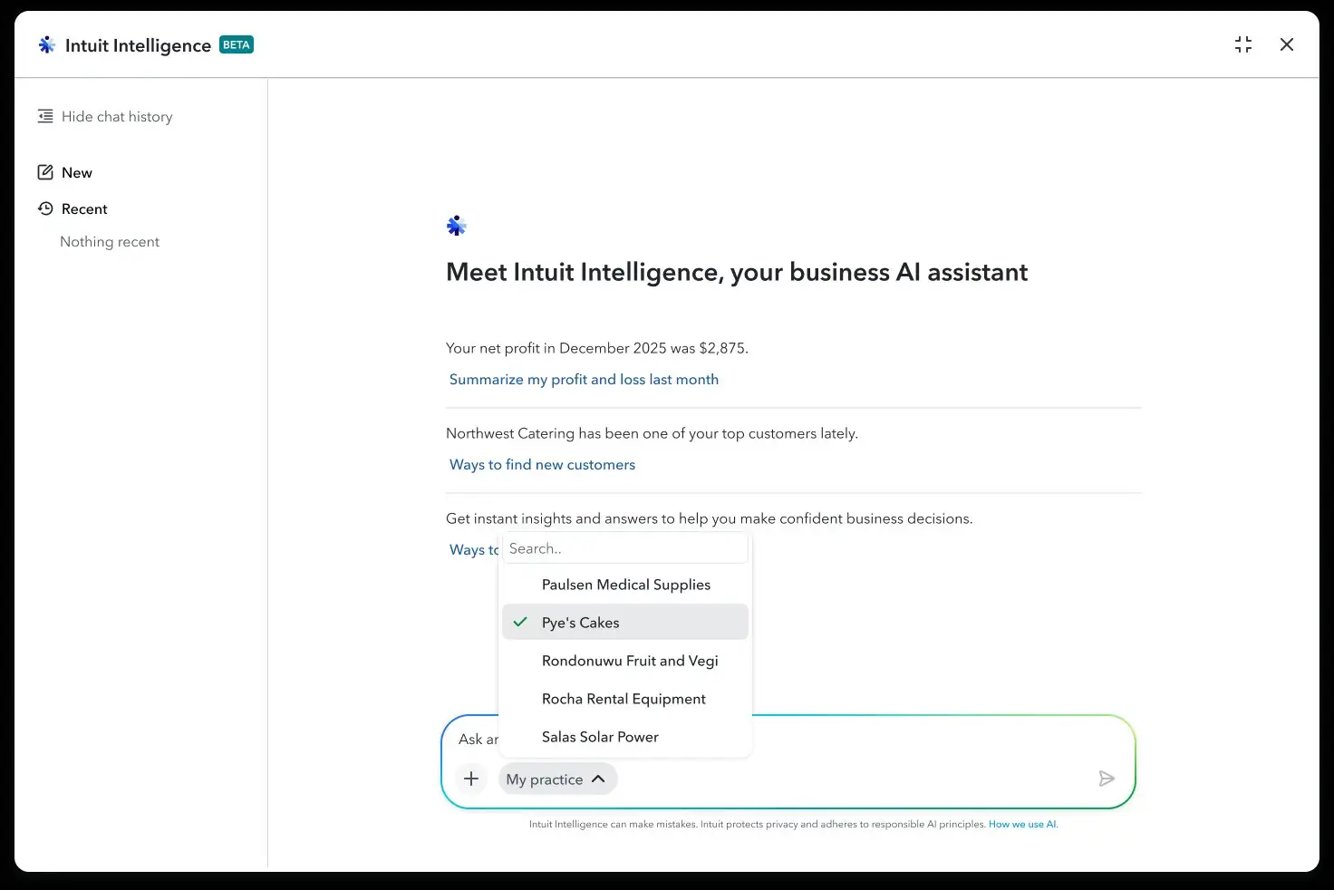 Intuit Intelligence — Client context dropdown