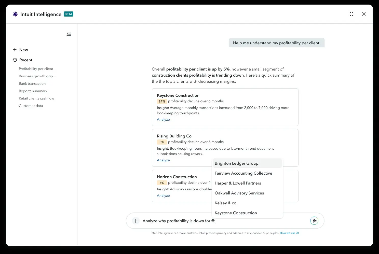 Intuit Intelligence — @ mention client picker