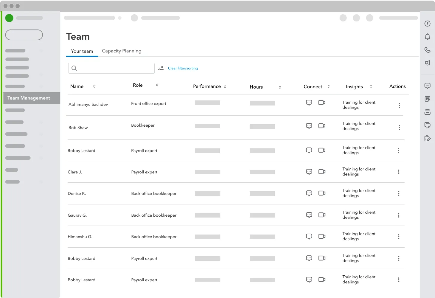 Team management — roster & performance