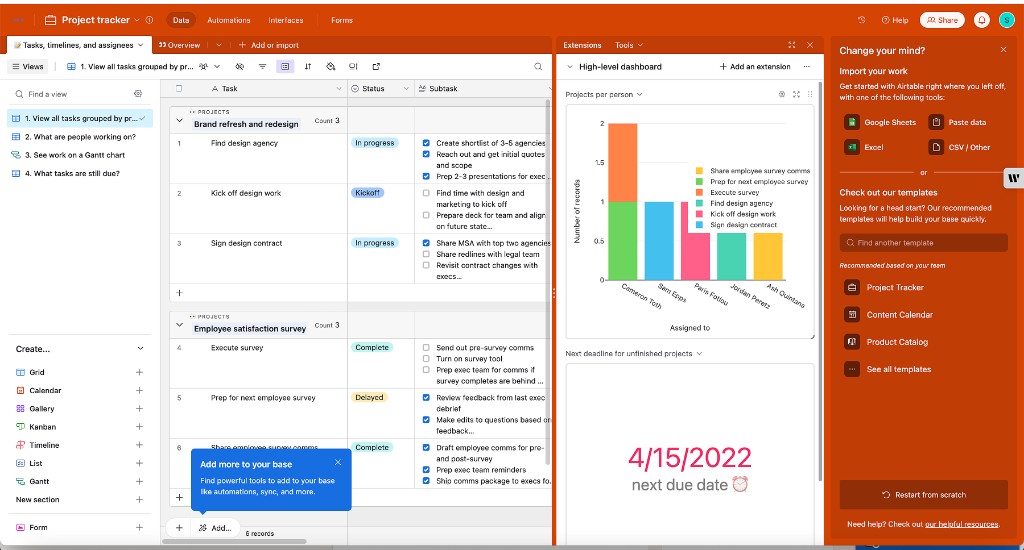 Airtable project tracker with grid, kanban, and chart views
