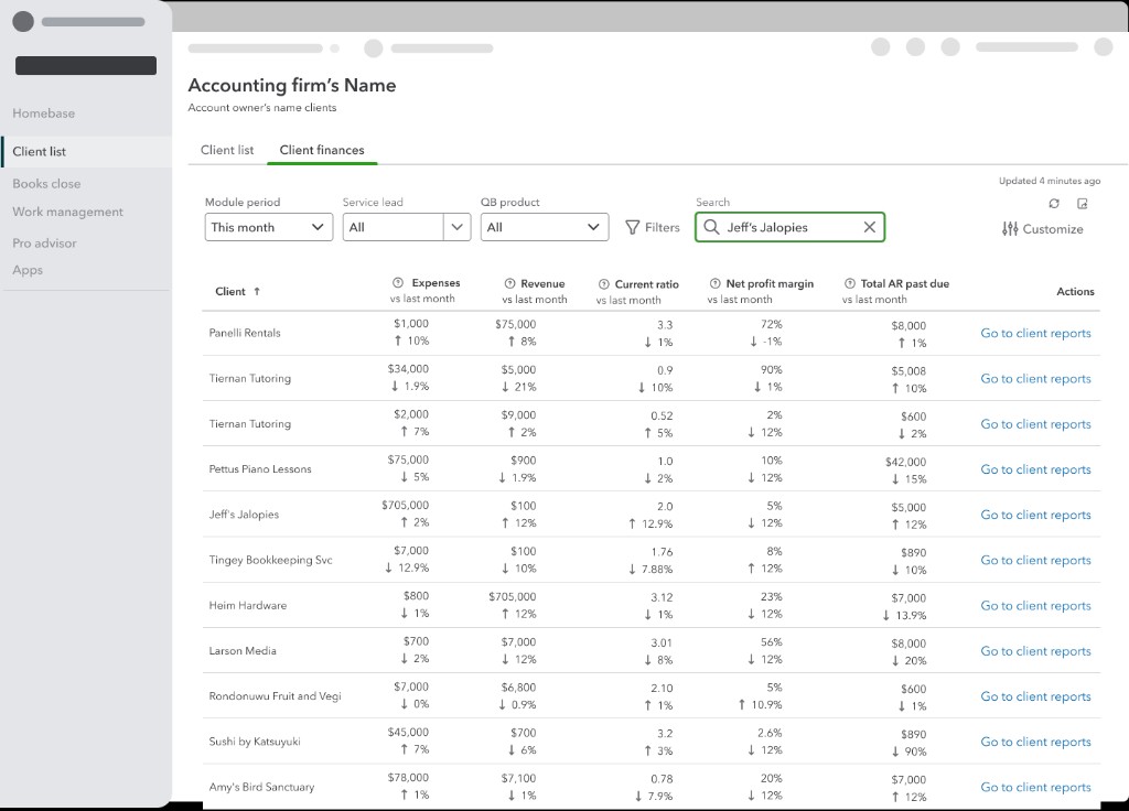 Filter by period, lead, and product with client search