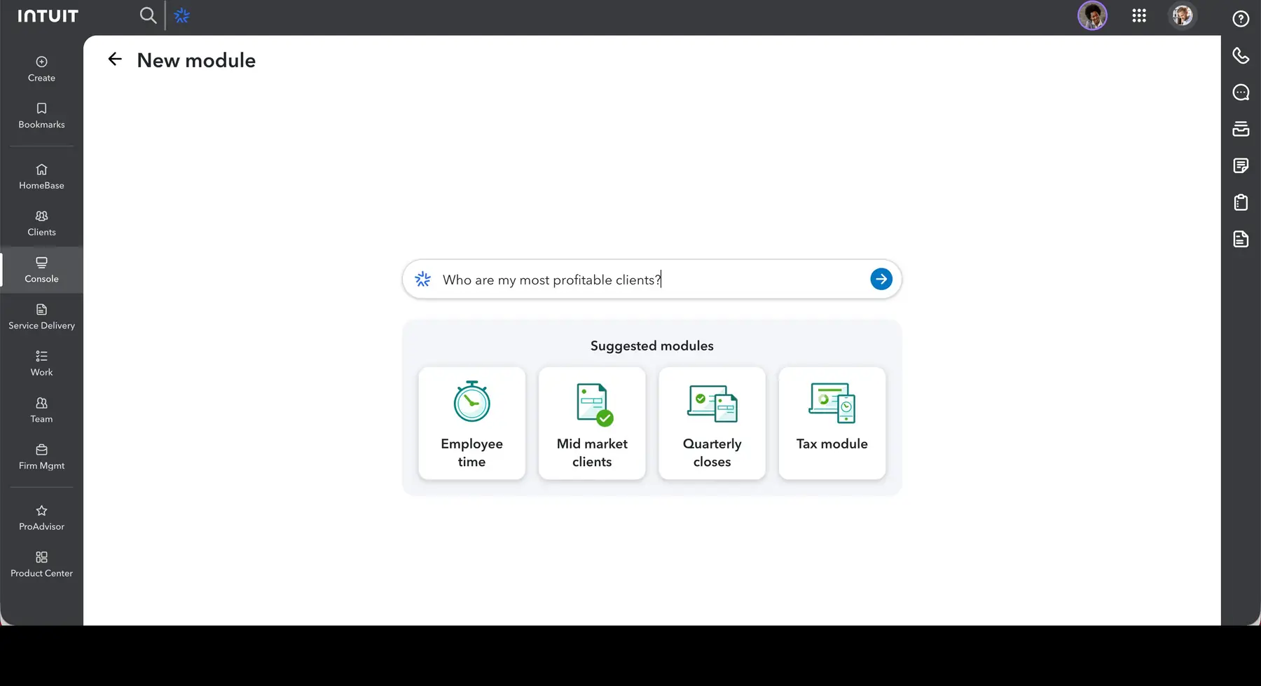 New module screen with natural language query input and suggested modules