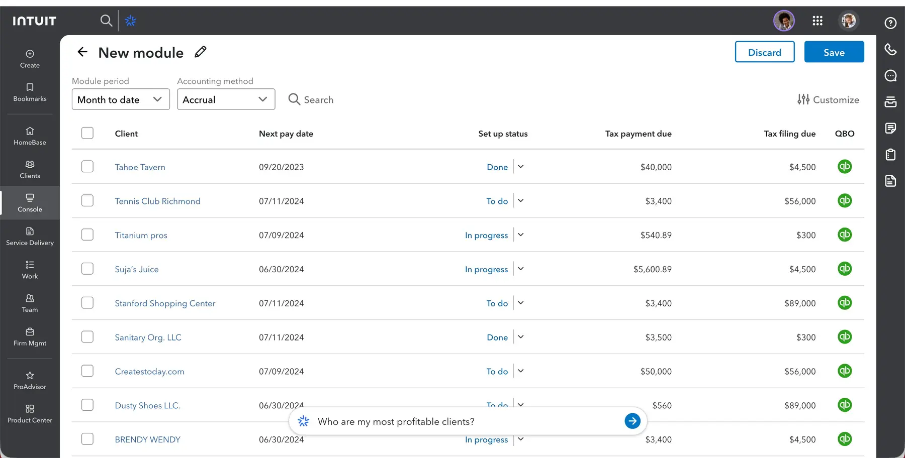 Populated module showing client tax data with next pay date and filing status