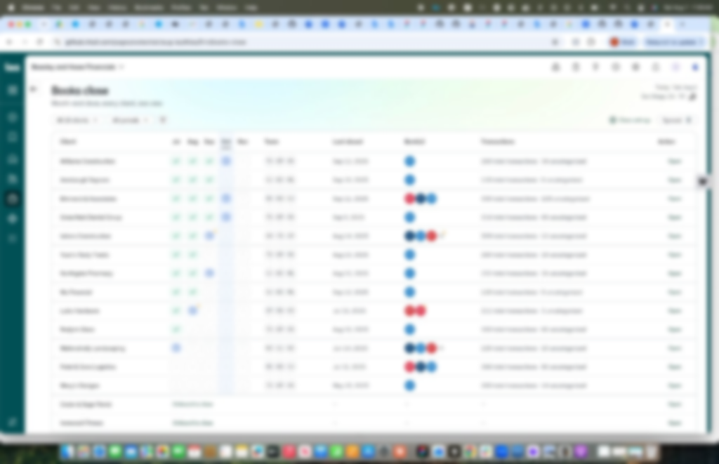 Firm-wide Books Close dashboard with client status and close progress (blurred)