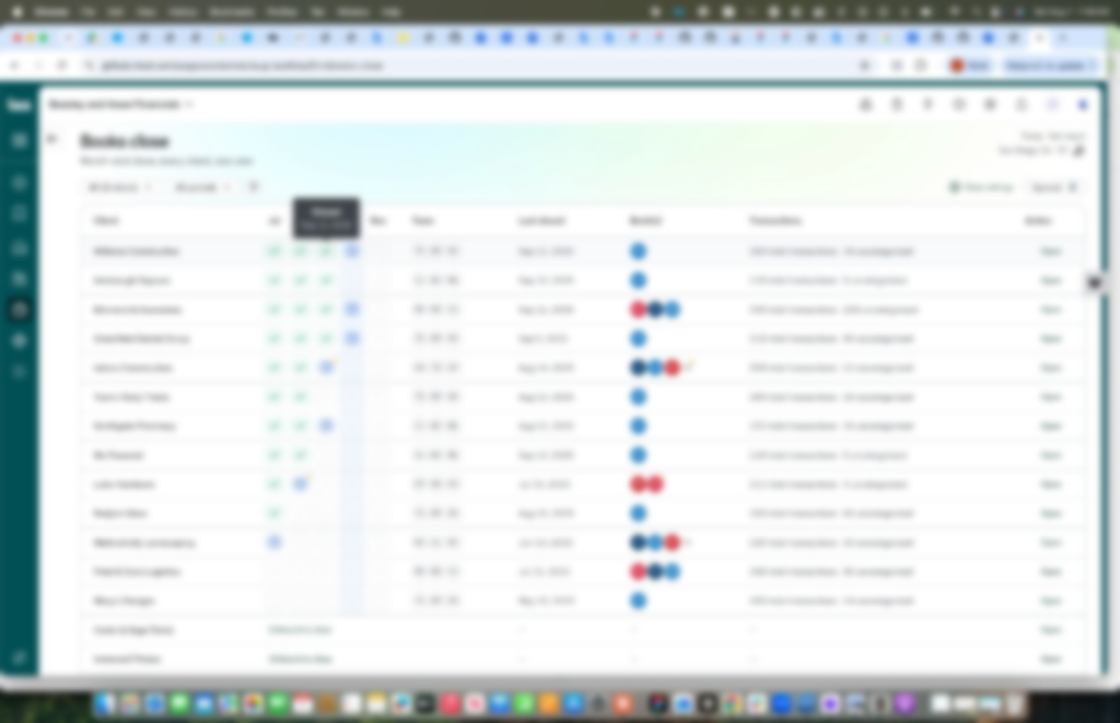Firm-wide close status with review indicators per client (blurred)