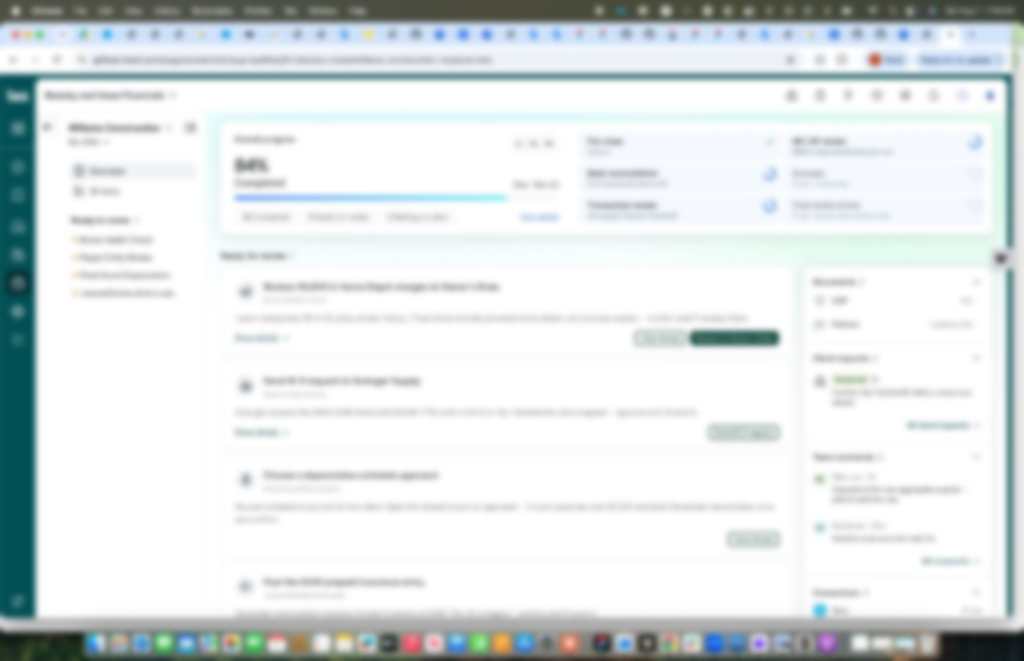 Client close progress dashboard with ready-for-review tasks (blurred)