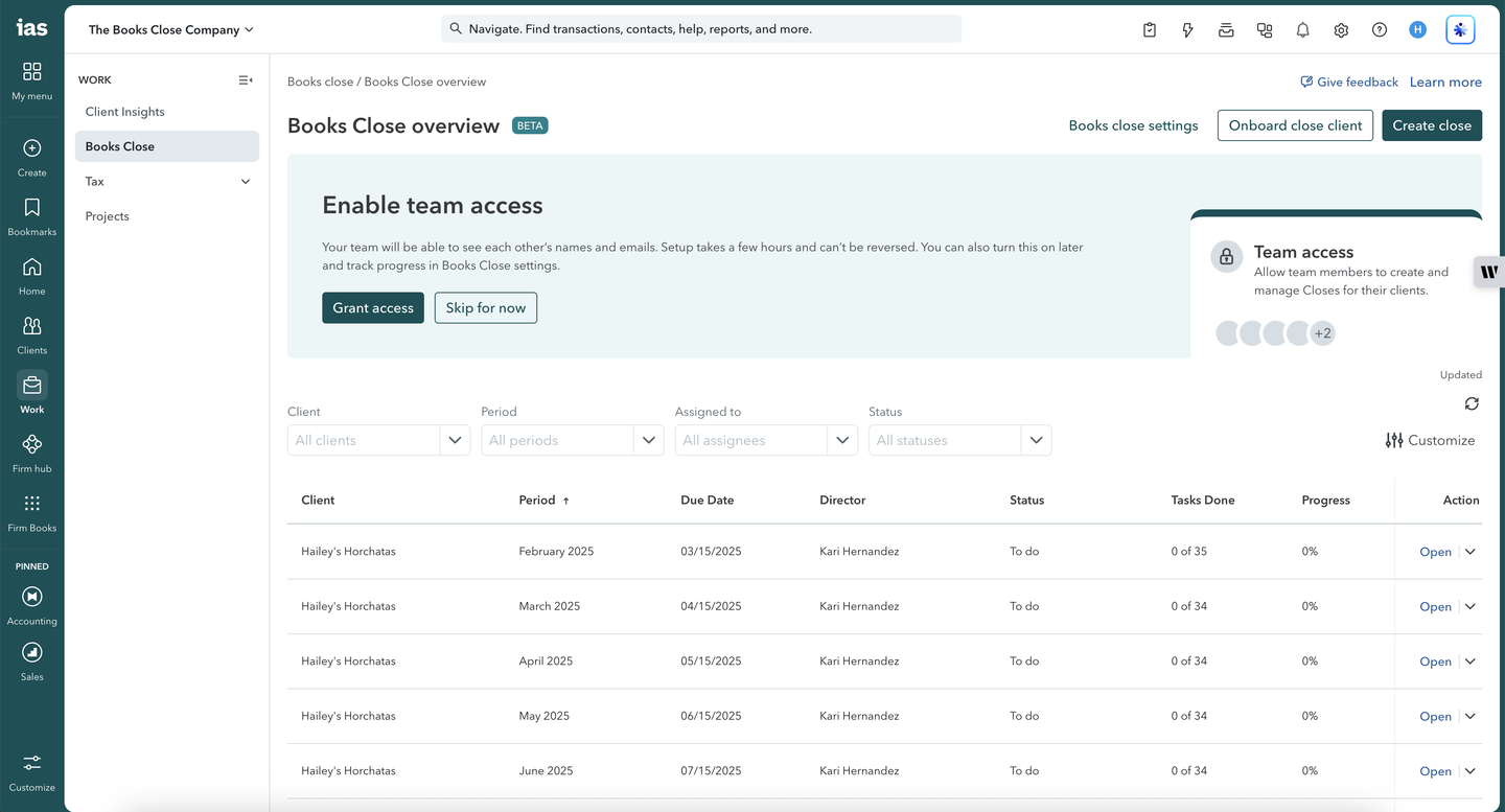 Books Close overview — firm-wide table of clients, periods, due dates, assignees, status, and task completion