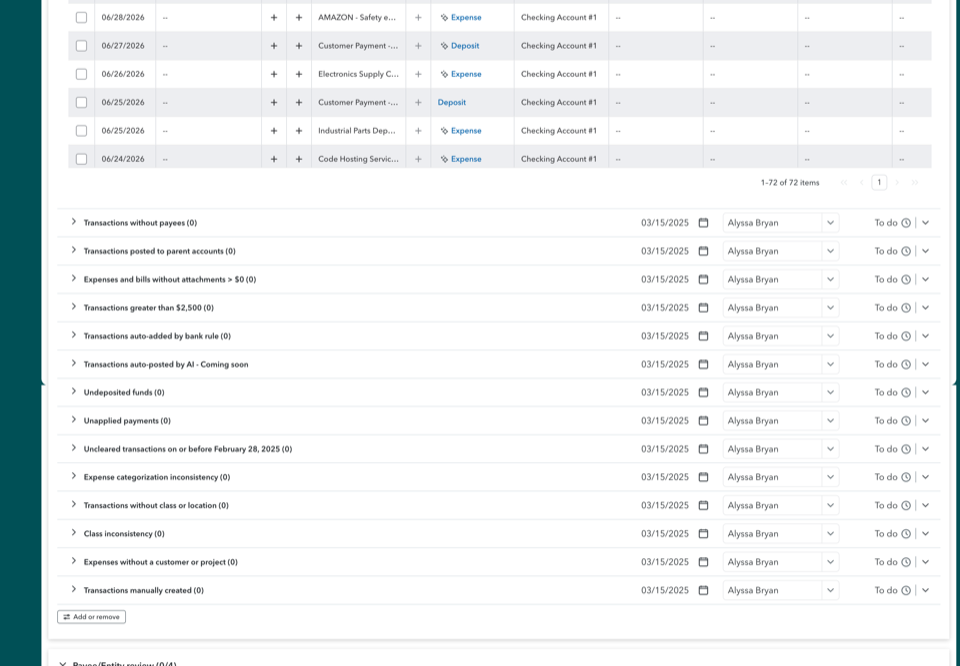 Manual monthly close checklist — planning, monthly checklist, transaction details, and financial statements inside one client file